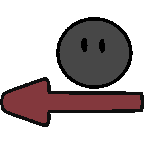 A gray circle with eyes over a red arrow pointing left.